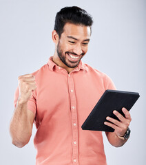 Sticker - Happy asian man, tablet or success fist on isolated studio background for financial growth, stock market deal or future security. Smile, cheering or trader with winner hands, technology or loan app