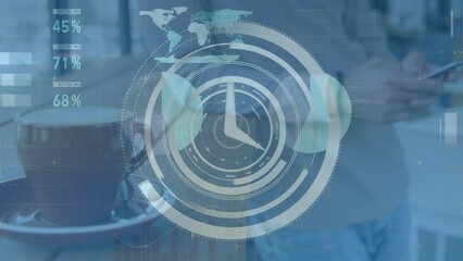 Poster - Animation of clock and data processing over biracial man using smartphone
