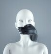 Do not speak.  Covering mouth by palm. Silence or speechless concept.