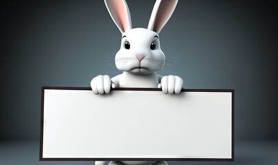 Wall Mural -  a white rabbit holding a white sign in its paws and peeking over it's edge with its paws on the edge of the sign.  generative ai