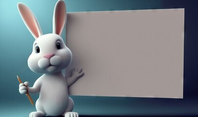 Wall Mural -  a cartoon rabbit holding a blank sign and pointing at it with a pointer in his hand, on a blue background with a spotlight behind it.  generative ai