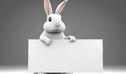 Wall Mural -  a white rabbit holding a blank sign on a gray and white background with copy space for your text or image or image, 3d rendering.  generative ai