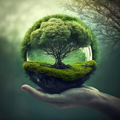 Wall Mural - Sphere held in hand and the mossy natural environment inside, let’s protect our environment concept. Take care of what is full of life. AI generated illustration.