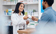 © Malik E/peopleimages.com - Pharmacy product, customer and happy woman help man with pills choice, supplements decision or medicine shopping. Hospital retail shop, drugs store client or pharmacist for medical healthcare support