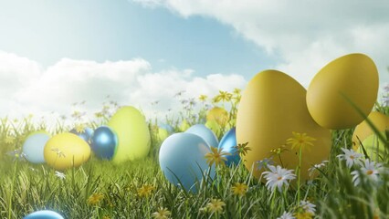 Wall Mural - Decoration Easter eggs in a glass meadow filled with flowers a spring time. 