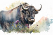 Watercolor painting of a peaceful gnu in a colorful flower field. Ideal for art print, greeting card, springtime concepts etc. Made with generative AI. 