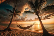 A Tropical Beach At Sunset With A Hammock Under A Palm Tree Generative AI