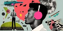 Modern Collage Art Of Black Male Face With Colored Stripes And Other Elements, Pop Culture, AI Generated