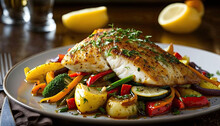 Grilled Fish With Various Vegetables On A Pan. Deilicious And Healthy Meal. Generative AI