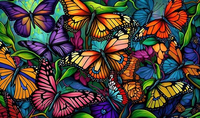Poster -  a painting of many colorful butterflies flying in the air with a blue sky behind them and a green field behind it with a few trees.  generative ai