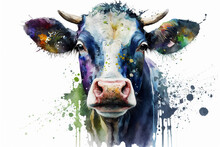 Purple Cow Head Illustration, Watercolor Painting  Graphic Design.