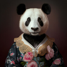 Portrait Of Panda In Human Clothing. Creative Portrait Of Wild Animal On Abstract Background. Antropomorphic Animal. Created With Generative AI