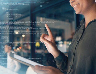 Aufkleber - Html, programming overlay and woman on tablet for internet, coding and network online in office. Communication, information technology and girl with digital tech for cyber, data analysis or software