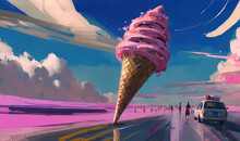  A Painting Of A Pink Ice Cream Cone On A Road With People Walking On The Side Of The Road In The Background And A Van In The Foreground.  Generative Ai