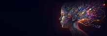 Silhouette Of Head With Glowing Neural Connections. Spiritual Connection With Other World. Trance And Hypnosis Concept. Process Of Human Thinking. Banner, Place For Text. Generative AI