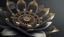  A Computer Generated Image Of A Gold And Black Flower With Intricate Details On A Black Background With A Black Background And A Gold And Silver Flower.  Generative Ai