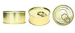 © Praewphan - Set of Preserve food canned shoot in difference anger, side and top view. Golden metal round tin cans for food can mock up. Food can with blank label isolated on white.