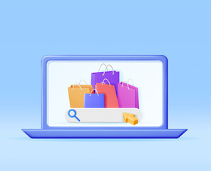 Poster - 3D Computer with Shopping Bag Isolated. Render Realistic Gift Bag and Laptop. Sale, Discount or Clearance Concept. Online or Retail Shopping Symbol. Fashion Handbag. Vector Illustration