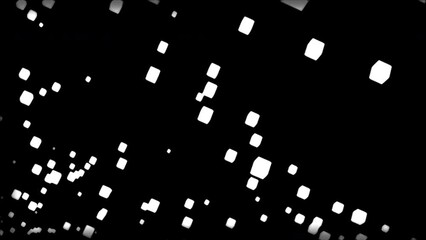 Poster - Stream of pulsating cubes in space. Design. Glowing cubes in air. Animation with flying 3d cubes in stream on black background