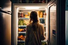 AI Generative Illustration Of A Blonde Young Woman Looking At Food In The Fridge At Night