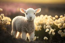 A Cute Baby Spring Lamb In A Field Of Spring Flowers. Generative Ai