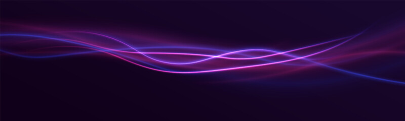 Poster - Purple electric light for banner. Round circle picture frame with two tone neon color shade motion graphic. Violet light moving. Pink, blue glow rings. Glowing neon line in form circular path. Vector.