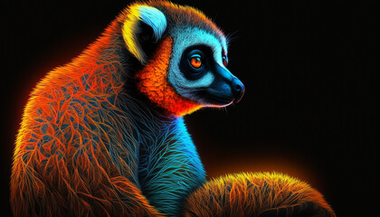 Wall Mural - Beautiful color neon art lemur animal Midjourney AI