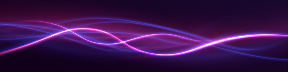 Wall Mural - High speed effect motion blur night lights blue and red. Magic shining neon light line trails. Luminous bright background. Purple glowing wave swirl, impulse cable lines. Long time exposure. Vector