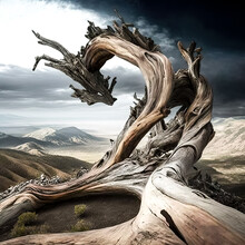 A Twisted Collection Of Driftwood, Overlooking A Large Valley - Generative Ai.
