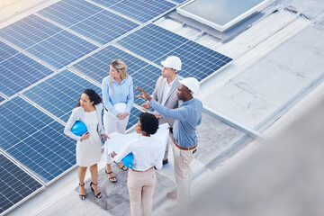 Poster - Solar energy, teamwork or engineering team on roof by future electricity technology innovation together. Collaboration, top or black man talking or planning a grid sustainability project with people