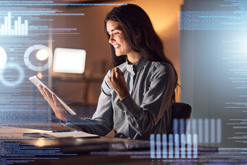 Leinwandbilder - Success, woman or tablet coding overlay in night office of data analytics, chart achievement or winner goals. Smile, happy or cheering corporate on hologram technology for infographic business growth