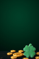 Vertical Saint Patricks day background with gold horseshoe and four leaf clovers on a dark background