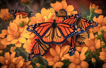 A swarm of monarch butterflies resting on a vibrant orange and yellow flower - Generative AI