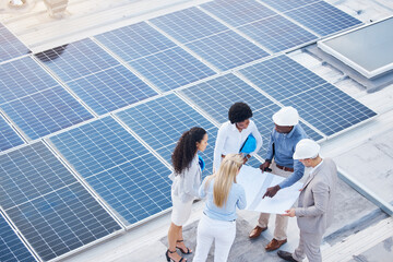 Poster - Solar energy, design or engineering team on roof building sustainable future electricity technology innovation. Collaboration, top or black man talking or planning a construction project with people