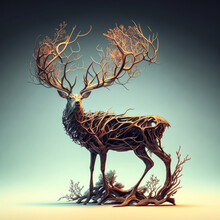 Sculpture Of A Deer With Large Horns Made From Tree Roots. Conceptual Art. Generative AI
