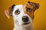 Fototapeta  - Curious interested dog looks into camera. Jack russell terrier closeup portrait on yellow background. Funny pet