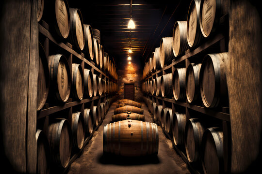 storage cellar with barrels making wine or whisky bottles. generation ai