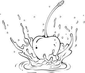 Wall Mural - Whole cherry with juice or water splash. Liquid drops. Vector illustration in hand drawn sketch doodle style. Line art ingredient for fresh juice isolated on white. Close up fruit. Coloring book page