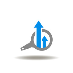 Vector illustration of magnifier and arrows up. Icon of investing analysis. Symbol of invest growth analyzing.