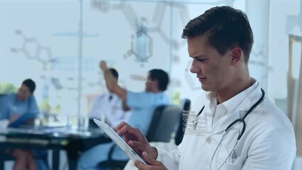 Poster - Animation of molecules and data processing over caucasian male doctor using tablet