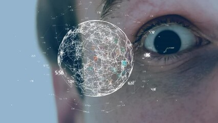 Poster - Animation of globe with network of connections with numbers over caucasian man's face