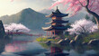 Japanese landscape in spring, mountains and blooming sakura, illustration, generative AI.