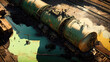 Toxic leak from freight train accident, wreck of railroad cars and tanks, generative AI.