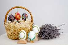 Lavender Background Postcard Baner Calendar Empty Space Holiday Easter Eggs Embroidery Ribbons Eggshell Krashanka