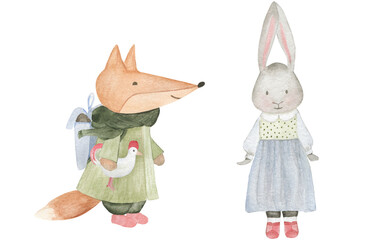 cute watercolor woodland animals. rabbit and fox illustration