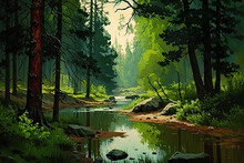 "Walden's Serenity: A Peaceful Forest Scene"   Generative AI