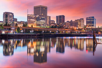 Fototapete - Tacoma, Washington, USA downtown skyline at dusk on Commencement Bay