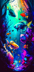 Wall Mural - Abstract vibrant colorful underwater coral fish portrait wallpaper - generative AI