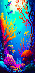 Wall Mural - Abstract vibrant colorful underwater coral fish portrait wallpaper - generative AI
