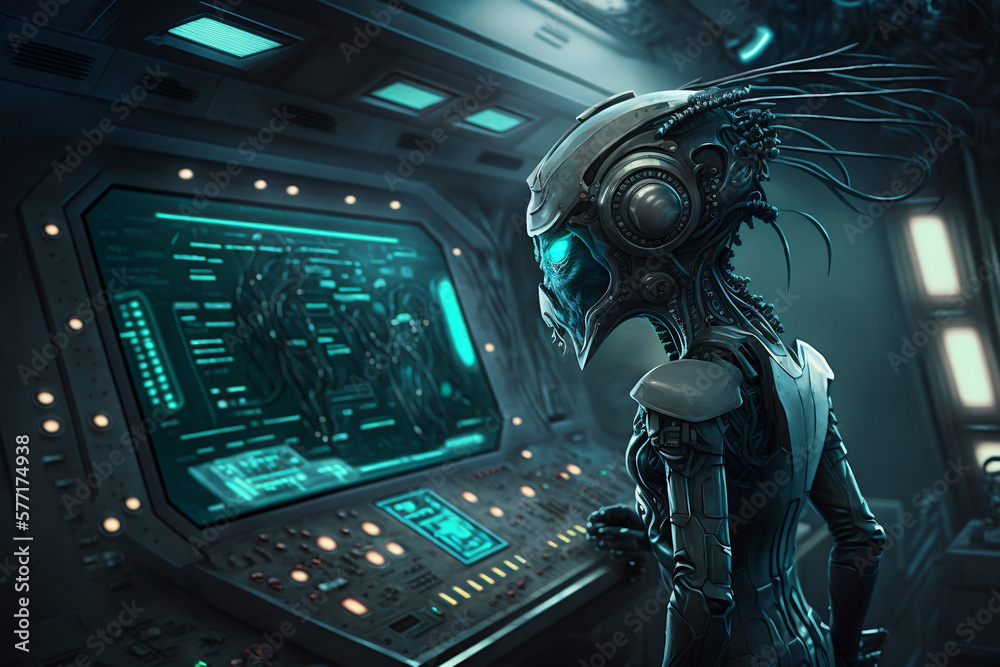 Humanoid alien works with futuristic control panel in spaceship, Alien humanoid operating futuristic control panel in spaceship, Generative AI